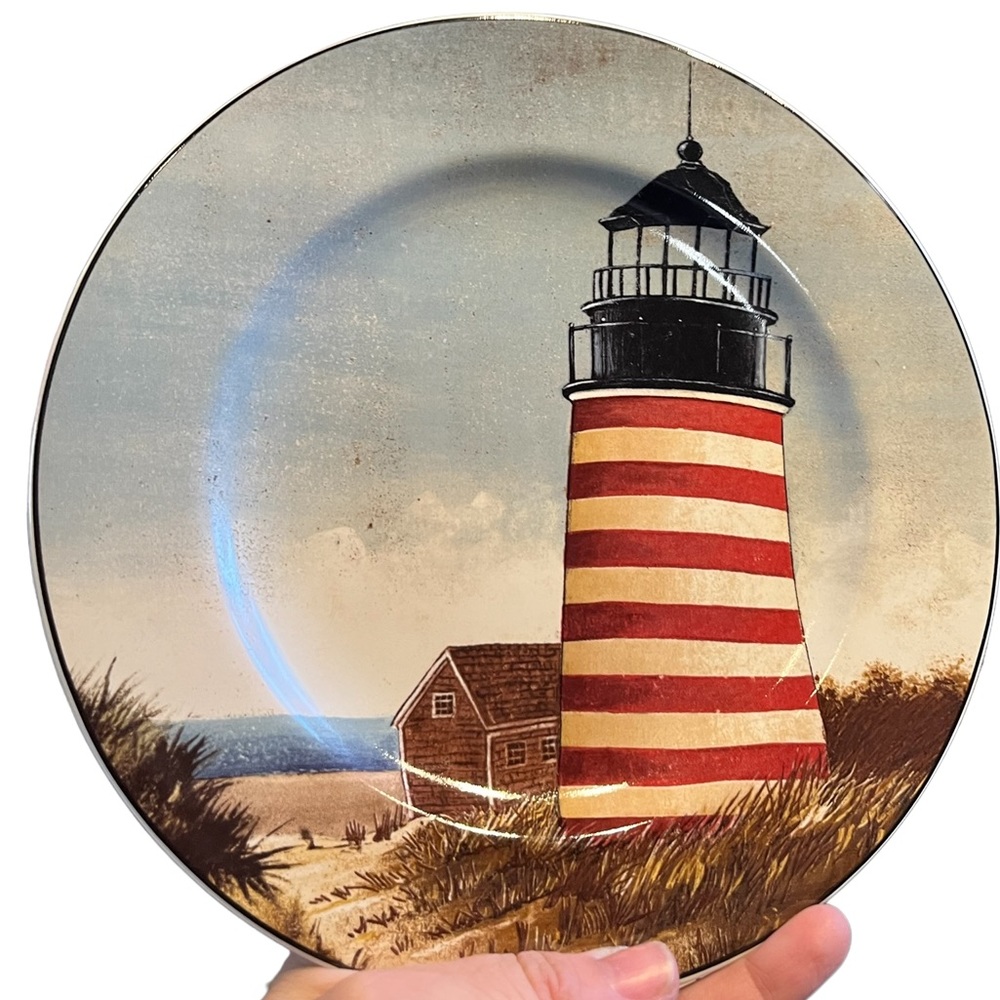David Carter Brown by the sea red and white striped light house plate